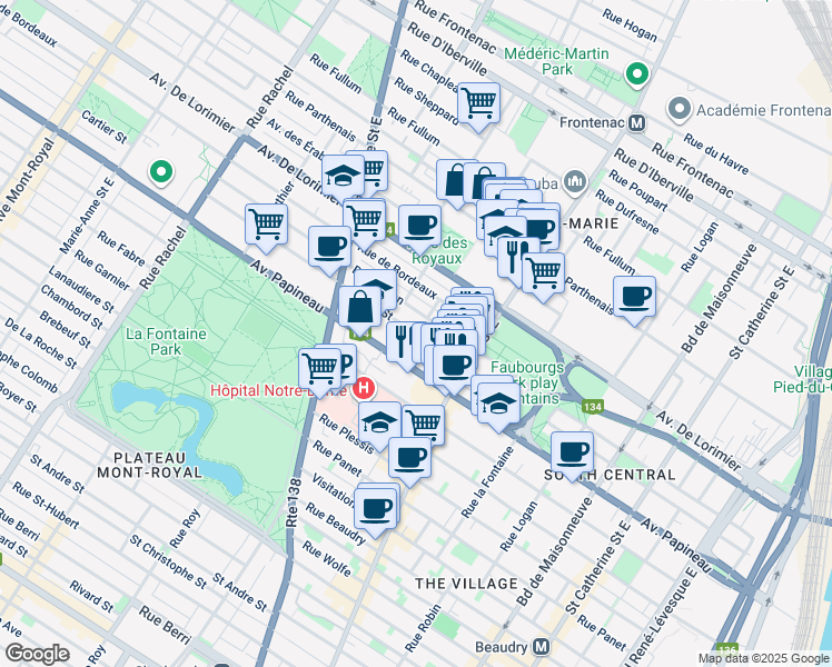 map of restaurants, bars, coffee shops, grocery stores, and more near 2150 Rue Cartier in Montreal