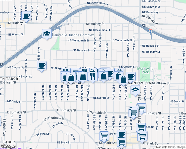 map of restaurants, bars, coffee shops, grocery stores, and more near 629 Northeast 74th Avenue in Portland