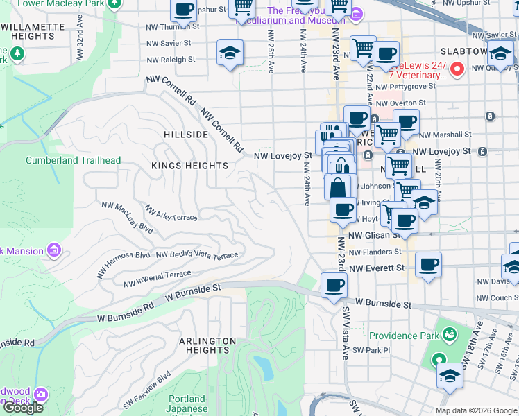 map of restaurants, bars, coffee shops, grocery stores, and more near 706 Northwest Westover Terrace in Portland