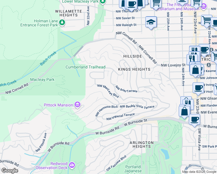 map of restaurants, bars, coffee shops, grocery stores, and more near 2850 Northwest Ariel Terrace in Portland