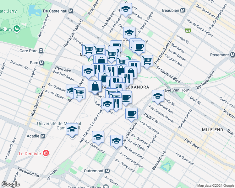 map of restaurants, bars, coffee shops, grocery stores, and more near 6563 Avenue du Parc in Montréal