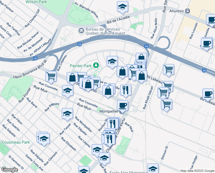 map of restaurants, bars, coffee shops, grocery stores, and more near 1270 Rue Quenneville in Montréal