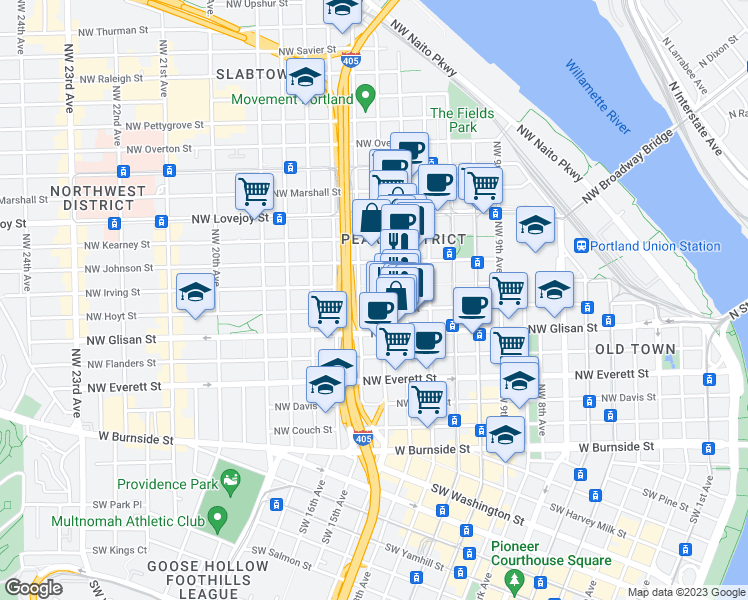 map of restaurants, bars, coffee shops, grocery stores, and more near 710 Northwest 14th Avenue in Portland