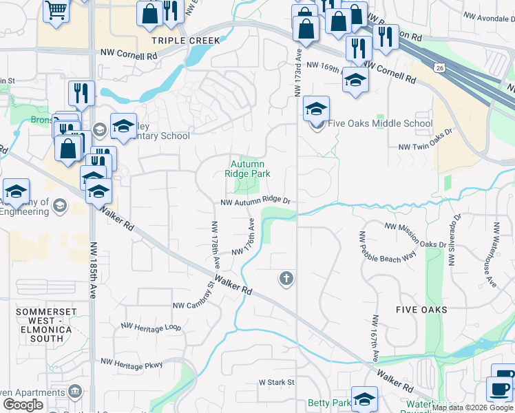 map of restaurants, bars, coffee shops, grocery stores, and more near 17520 Northwest Autumn Ridge Drive in Beaverton