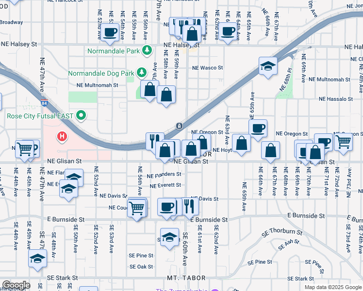map of restaurants, bars, coffee shops, grocery stores, and more near 5800 Northeast Center Commons Way in Portland