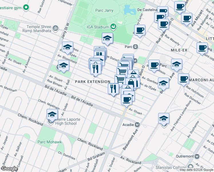 map of restaurants, bars, coffee shops, grocery stores, and more near 7497 Avenue d'Outremont in Montréal