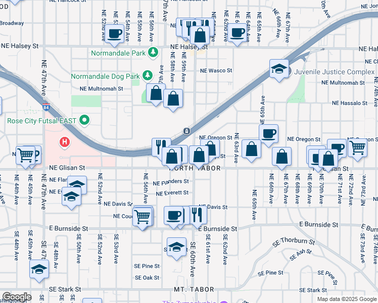 map of restaurants, bars, coffee shops, grocery stores, and more near 5845 Northeast Hoyt Street in Portland