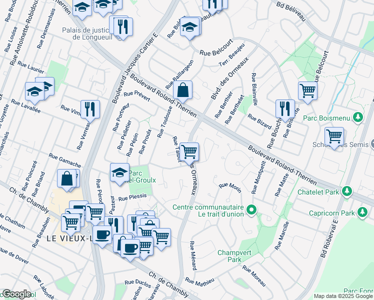 map of restaurants, bars, coffee shops, grocery stores, and more near 401 Boulevard des Ormeaux in Longueuil