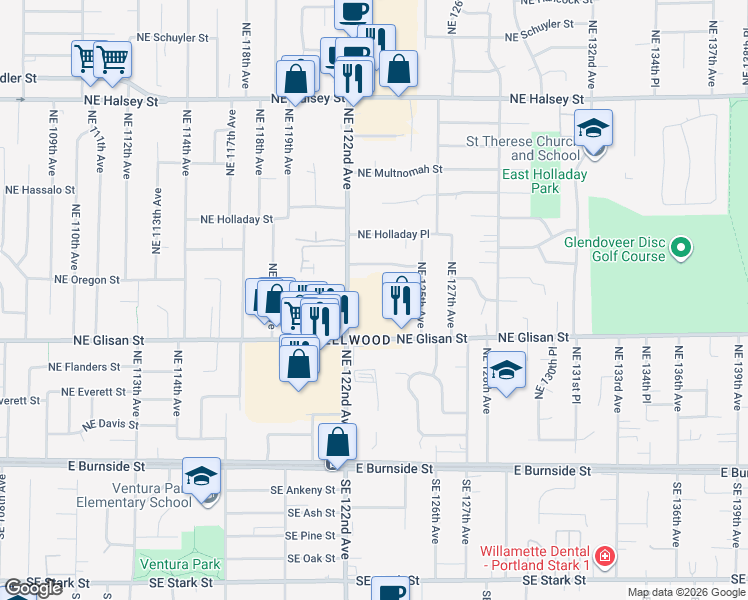map of restaurants, bars, coffee shops, grocery stores, and more near 12225 Northeast Glisan Street in Portland