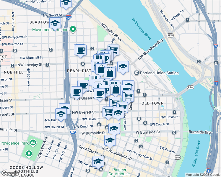 map of restaurants, bars, coffee shops, grocery stores, and more near 906 Northwest Irving Street in Portland