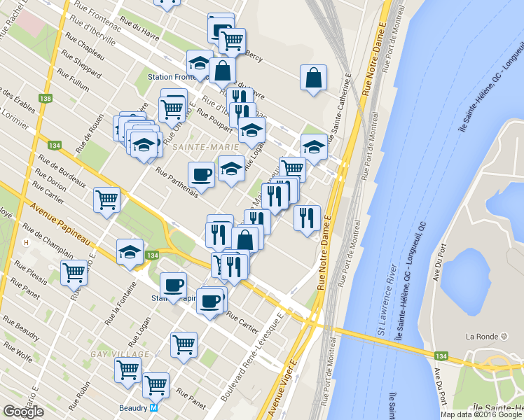 map of restaurants, bars, coffee shops, grocery stores, and more near 1454 Rue Fullum in Montréal