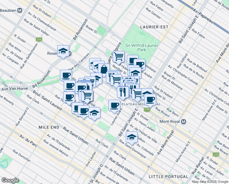 map of restaurants, bars, coffee shops, grocery stores, and more near 5210 Rue Saint-Denis in Montréal