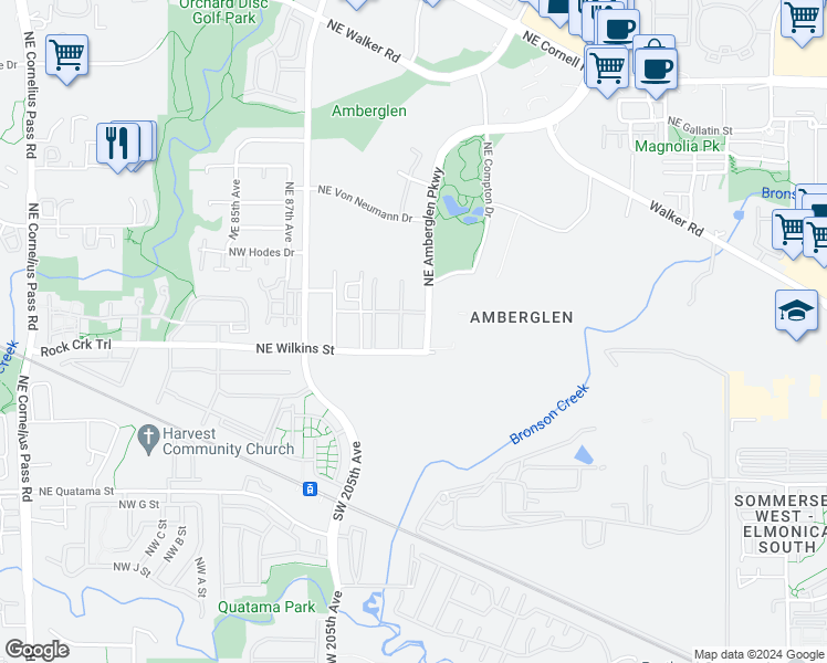 map of restaurants, bars, coffee shops, grocery stores, and more near 1075 Northeast Amberglen Parkway in Hillsboro