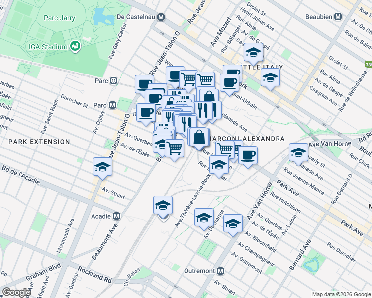 map of restaurants, bars, coffee shops, grocery stores, and more near in Montreal