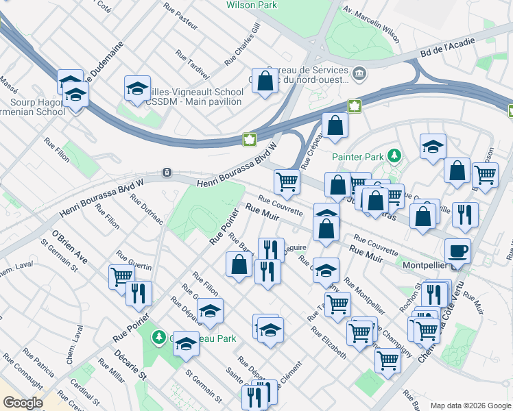 map of restaurants, bars, coffee shops, grocery stores, and more near 1765 Rue Muir in Montréal