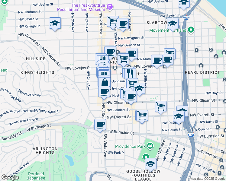map of restaurants, bars, coffee shops, grocery stores, and more near 2222 Northwest Irving Street in Portland
