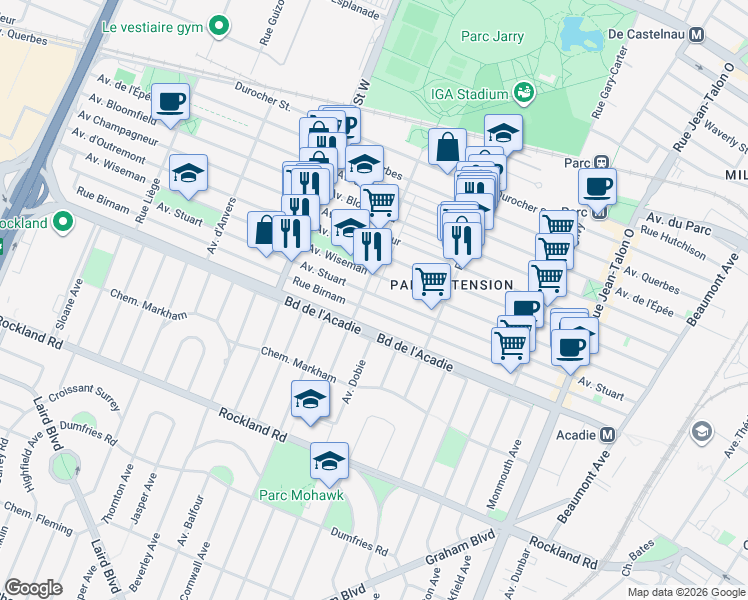 map of restaurants, bars, coffee shops, grocery stores, and more near 7826 Avenue Stuart in Montréal