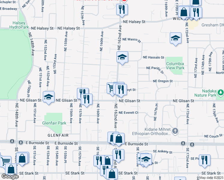 map of restaurants, bars, coffee shops, grocery stores, and more near 640 Northeast 160th Avenue in Portland
