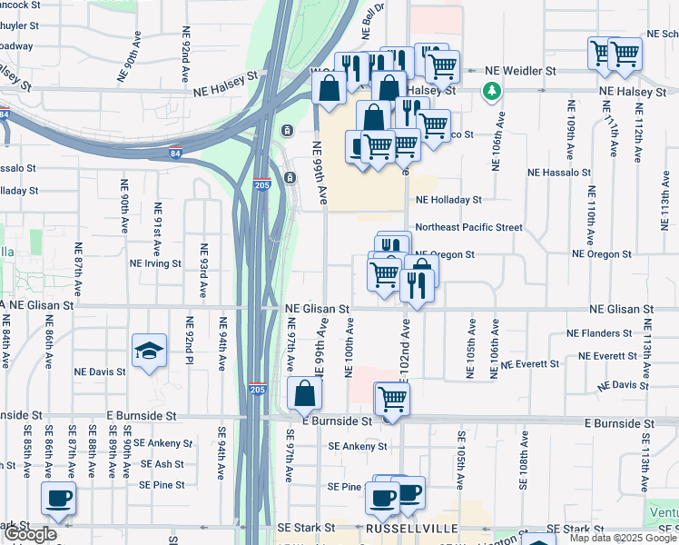 map of restaurants, bars, coffee shops, grocery stores, and more near 737 Northeast 99th Avenue in Portland