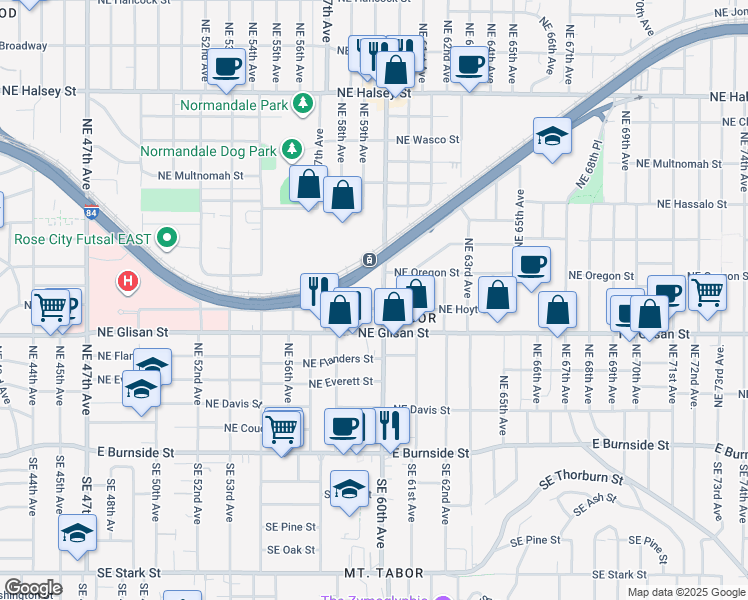 map of restaurants, bars, coffee shops, grocery stores, and more near 5800 Northeast Center Commons Way in Portland