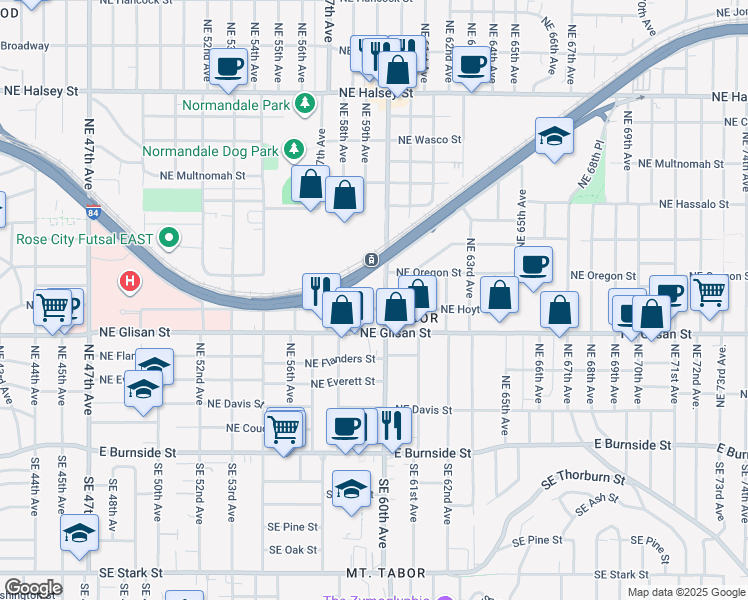 map of restaurants, bars, coffee shops, grocery stores, and more near 5800 Northeast Center Commons Way in Portland