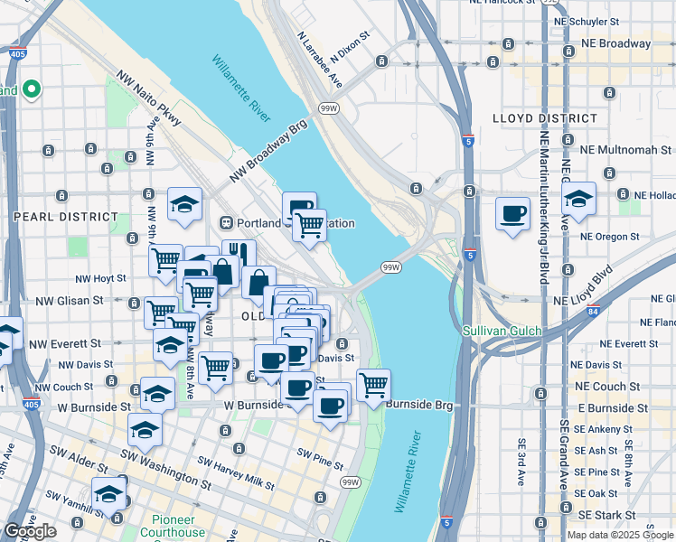 map of restaurants, bars, coffee shops, grocery stores, and more near 620 Northwest Naito Parkway in Portland