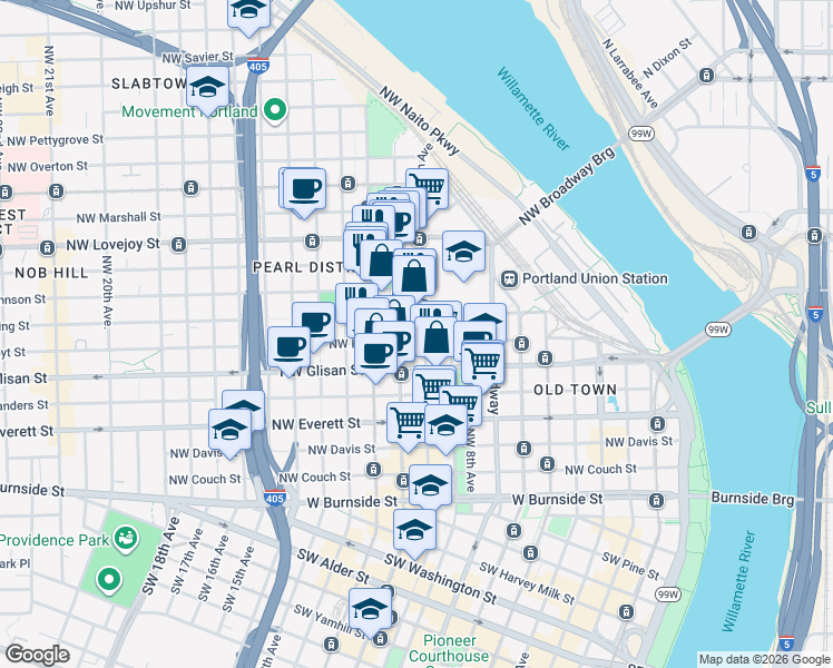 map of restaurants, bars, coffee shops, grocery stores, and more near 906 Northwest Irving Street in Portland