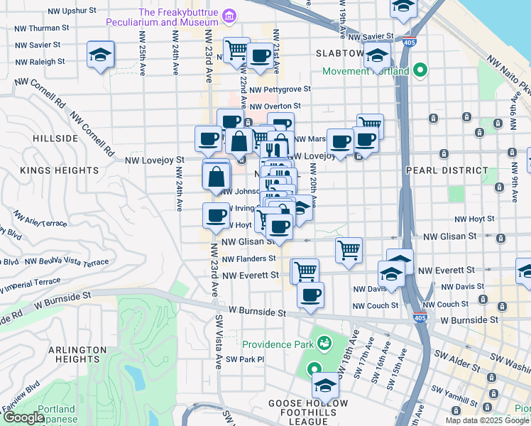 map of restaurants, bars, coffee shops, grocery stores, and more near 2147 Northwest Irving Street in Portland