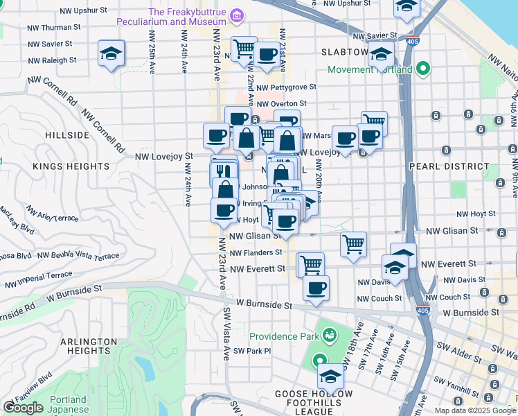 map of restaurants, bars, coffee shops, grocery stores, and more near 2147 Northwest Irving Street in Portland