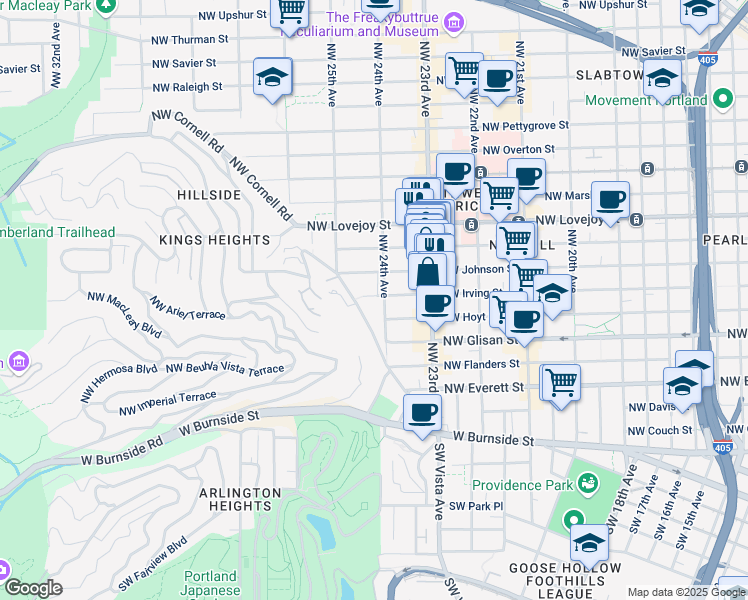 map of restaurants, bars, coffee shops, grocery stores, and more near 2438 Northwest Johnson Street in Portland