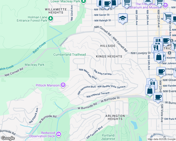 map of restaurants, bars, coffee shops, grocery stores, and more near 2850 Northwest Ariel Terrace in Portland