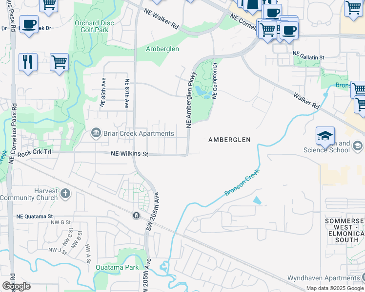 map of restaurants, bars, coffee shops, grocery stores, and more near 1145 Northeast Amberglen Parkway in Hillsboro