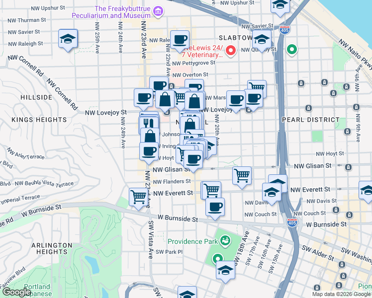 map of restaurants, bars, coffee shops, grocery stores, and more near 2112 Northwest Irving Street in Portland