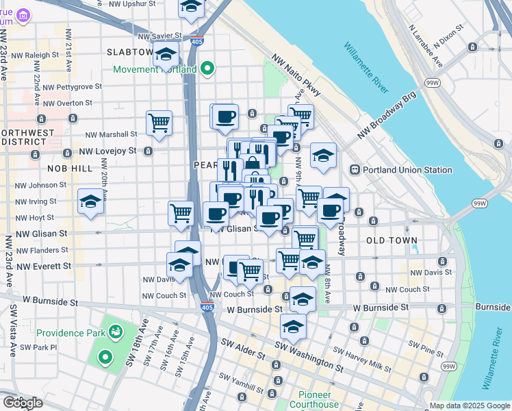 map of restaurants, bars, coffee shops, grocery stores, and more near 618 Northwest 12th Avenue in Portland