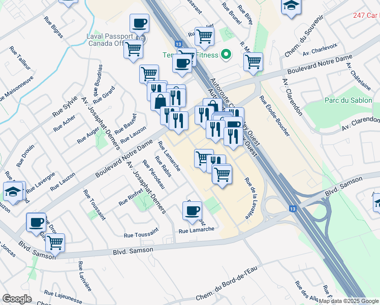 map of restaurants, bars, coffee shops, grocery stores, and more near 924 Rue Desserte Ouest in Laval