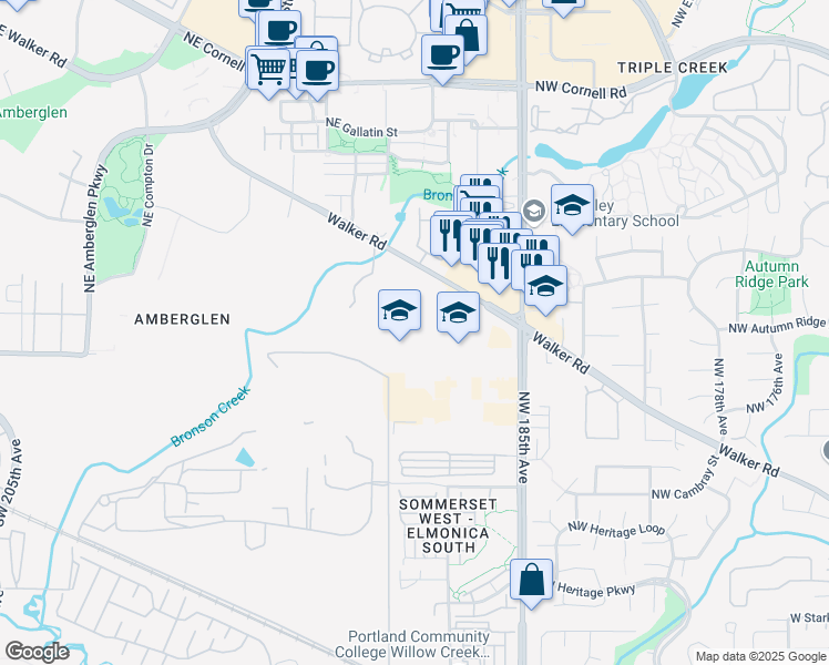 map of restaurants, bars, coffee shops, grocery stores, and more near 18700 Northwest Walker Road in Hillsboro