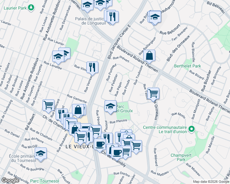 map of restaurants, bars, coffee shops, grocery stores, and more near 293 Rue Pépin in Longueuil