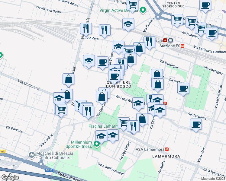 map of restaurants, bars, coffee shops, grocery stores, and more near 134 Via Corsica in Brescia