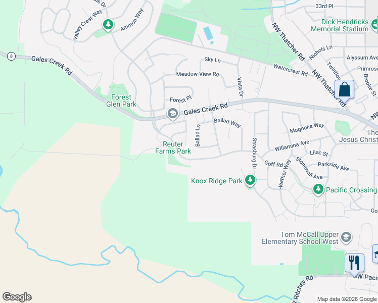 map of restaurants, bars, coffee shops, grocery stores, and more near 2711 Harvest Court in Forest Grove