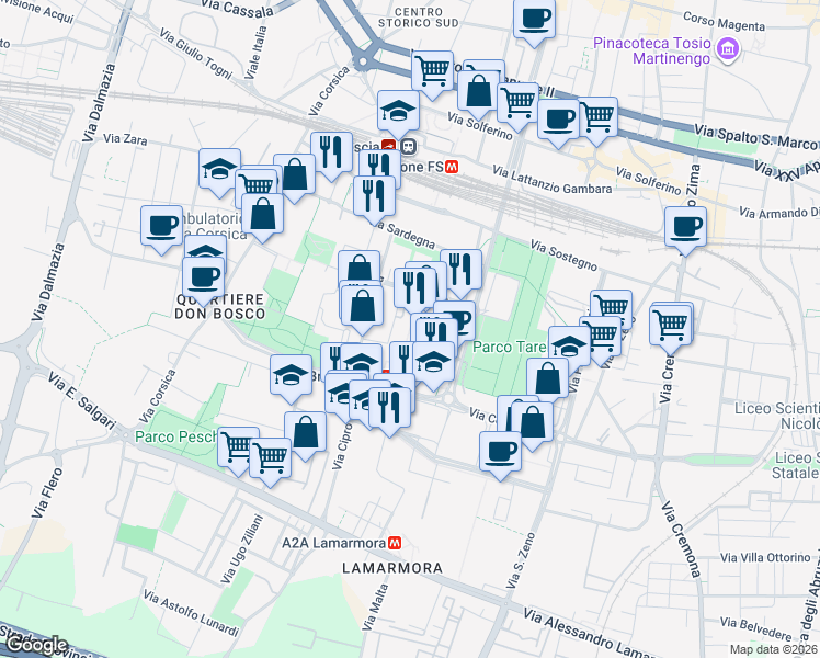 map of restaurants, bars, coffee shops, grocery stores, and more near 74 Via Creta in Brescia