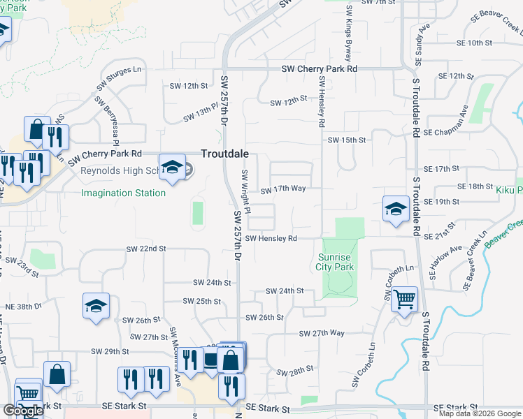 map of restaurants, bars, coffee shops, grocery stores, and more near 952 Southwest 18th Way in Troutdale