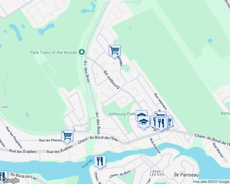 map of restaurants, bars, coffee shops, grocery stores, and more near 150 Rue de l'Anse aux Gascons in Laval