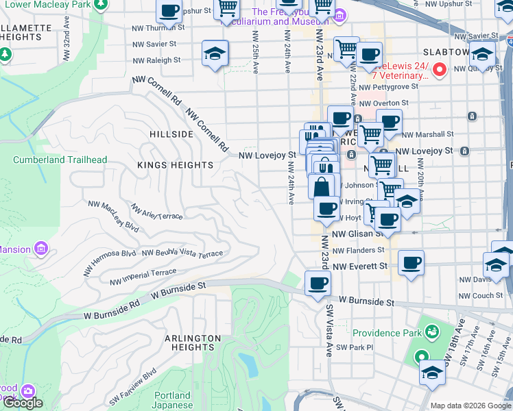 map of restaurants, bars, coffee shops, grocery stores, and more near 750 Northwest Westover Square in Portland