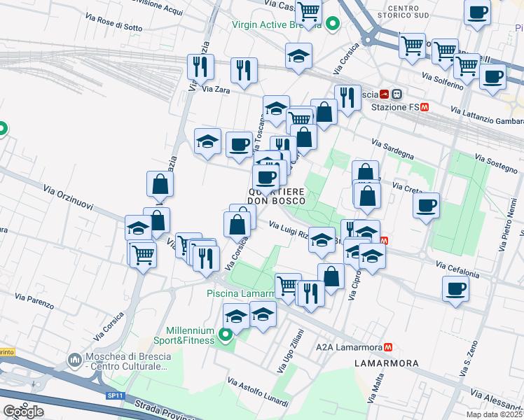 map of restaurants, bars, coffee shops, grocery stores, and more near 134 Via Corsica in Brescia