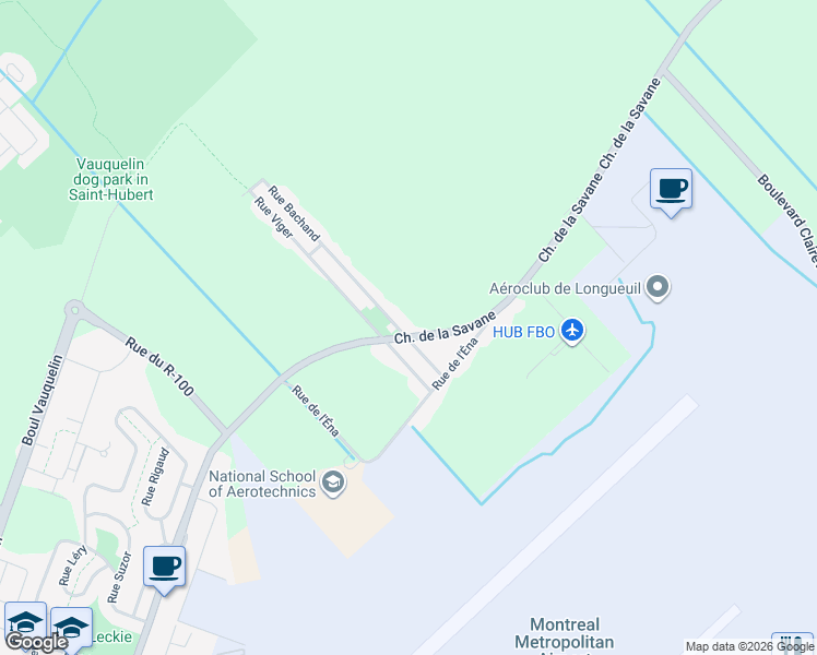 map of restaurants, bars, coffee shops, grocery stores, and more near 6050 Chemin de la Savane in Longueuil
