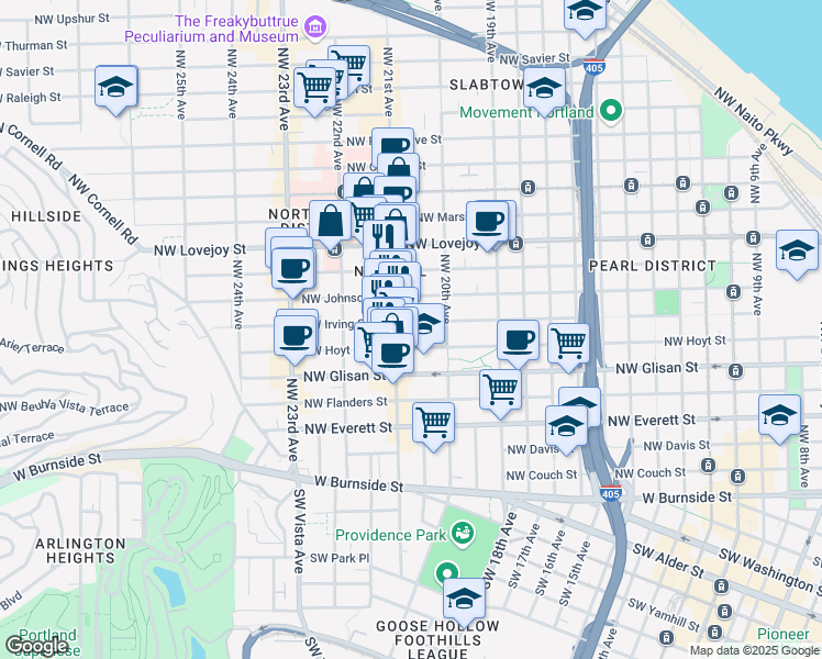 map of restaurants, bars, coffee shops, grocery stores, and more near 710-712 Northwest 21st Avenue in Portland