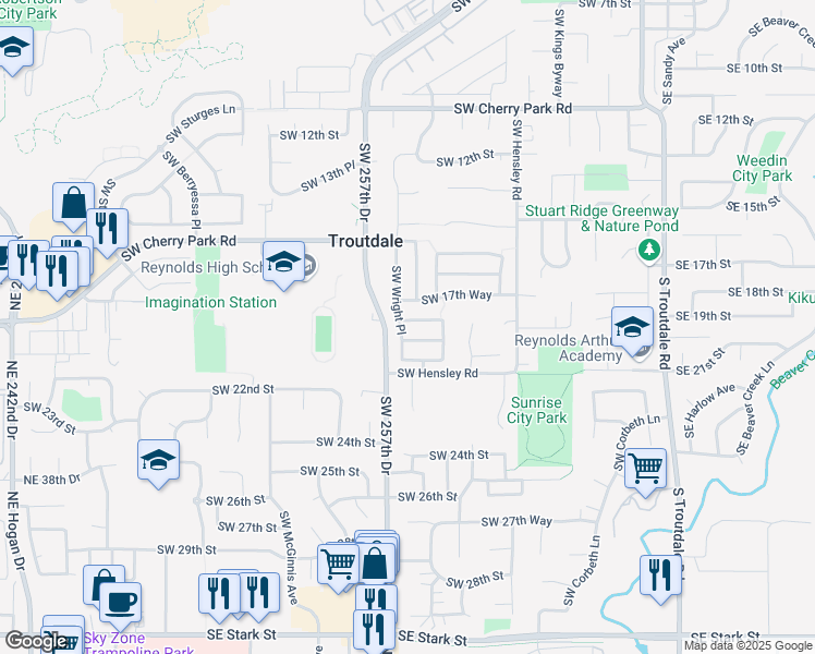 map of restaurants, bars, coffee shops, grocery stores, and more near 1024 Southwest 18th Way in Troutdale