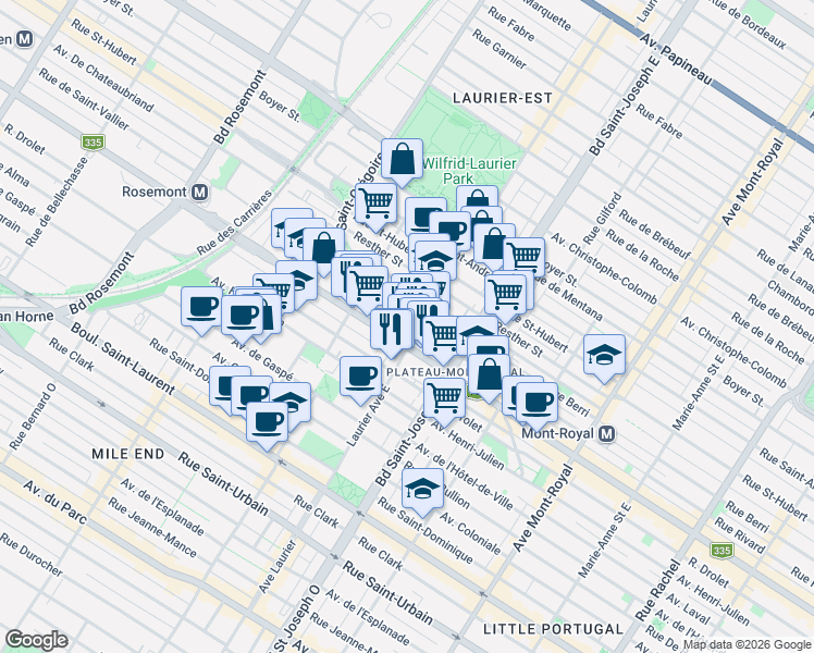 map of restaurants, bars, coffee shops, grocery stores, and more near 5114 Rue Rivard in Montréal