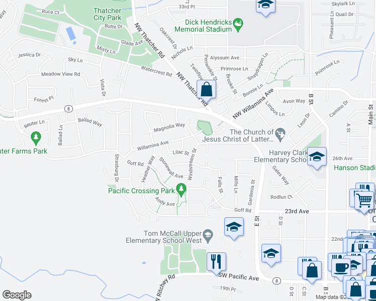 map of restaurants, bars, coffee shops, grocery stores, and more near 1129 Lilac Street in Forest Grove