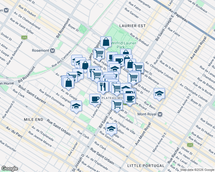 map of restaurants, bars, coffee shops, grocery stores, and more near 5114 Rue Rivard in Montréal